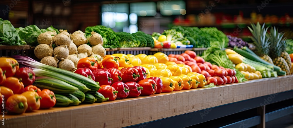 Vibrant counter with wide variety of produce for sale in eco friendly store With copyspace for text