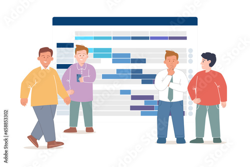 Gant chart project management team discuss task schedule teamwork organization large screen character collaboration