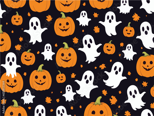 Cute halloween ghosts and pumpkins repeating pattern in vestor illustration. Ghostly Pumpkin Prowl