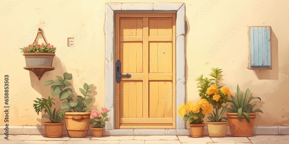 in front of the door of a house with a facade full of pots with flowers and a large wooden door, generative AI