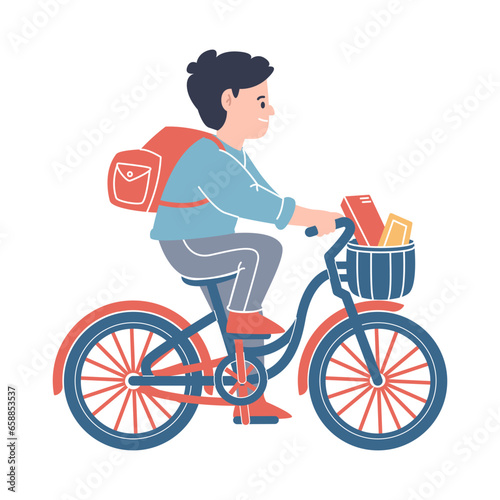 Man riding bicycle flat courier delivery bring bag and basket colorful flat character with outline