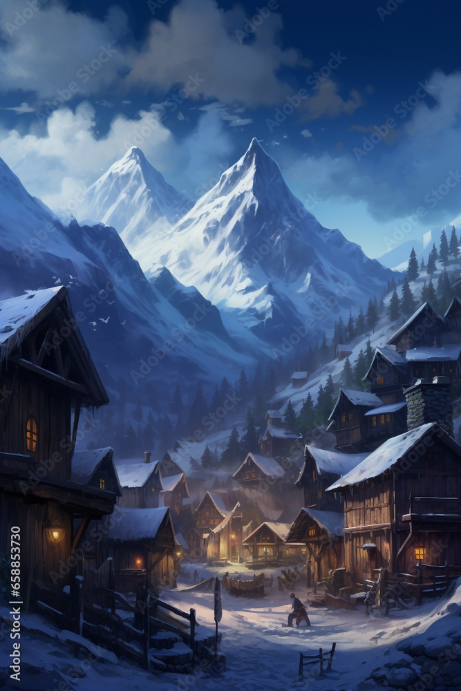 Realistic Alpine Fantasy Mountain Village: A Cold and Detached Atmosphere with Soft Tonal Colors in 8K, Enhanced by Flowing Brushwork, Stark Realism, and High-Detailed Mountainous Vistas