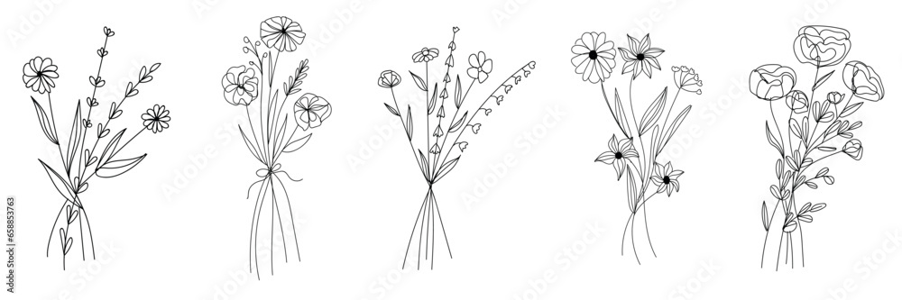 Set of beautiful meadow flowers on white background