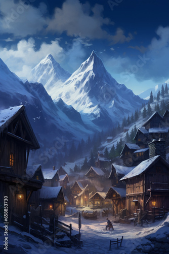 Realistic Alpine Fantasy Mountain Village: A Cold and Detached Atmosphere with Soft Tonal Colors in 8K, Enhanced by Flowing Brushwork, Stark Realism, and High-Detailed Mountainous Vistas photo