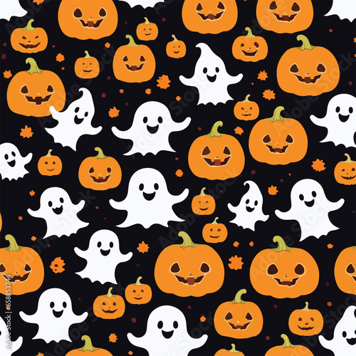Cute halloween ghosts and pumpkins repeating pattern in vestor illustration. Pumpkin Pals and Phantom Grins