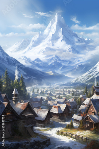 Realistic Alpine Fantasy Mountain Village: A Cold and Detached Atmosphere with Soft Tonal Colors in 8K, Enhanced by Flowing Brushwork, Stark Realism, and High-Detailed Mountainous Vistas photo