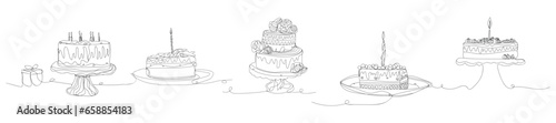 Set of different drawn birthday cakes on white background