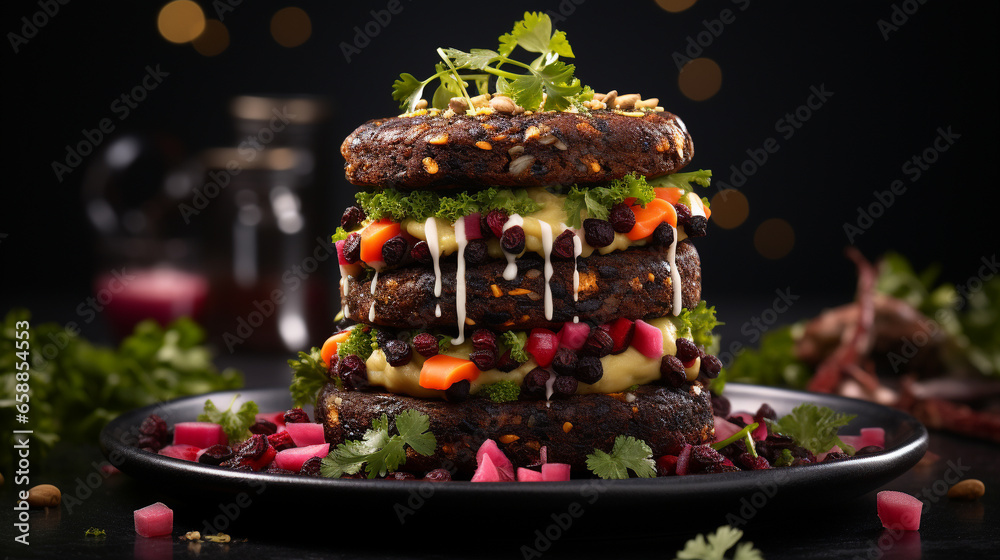 A stack of beetroot and black bean burgers UHD wallpaper Stock Photographic Image