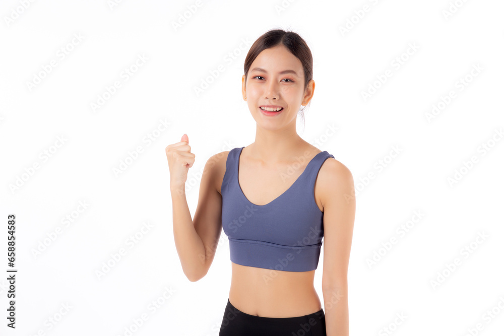 Portrait of beautiful young asian woman in sportswear gesture success isolated on white background, sport and exercise for health, training and strength, female slimming with confident. Portrait of beautiful young asian woman in sportswear gesture success isolated on white background, sport and exercise for health, training and strength, female slimming with confident.