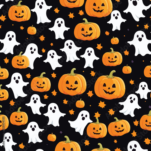 Cute halloween ghosts and pumpkins repeating pattern in vestor illustration. Ghostly Halloween Garden