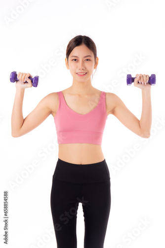 Portrait beautiful young asian woman lifting dumbbell isolated on white background, female fitness workout training with holding dumbbell for muscle strong and strength, sport and health care concept.