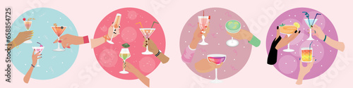 Female hands holding glasses of tasty cocktails on light background