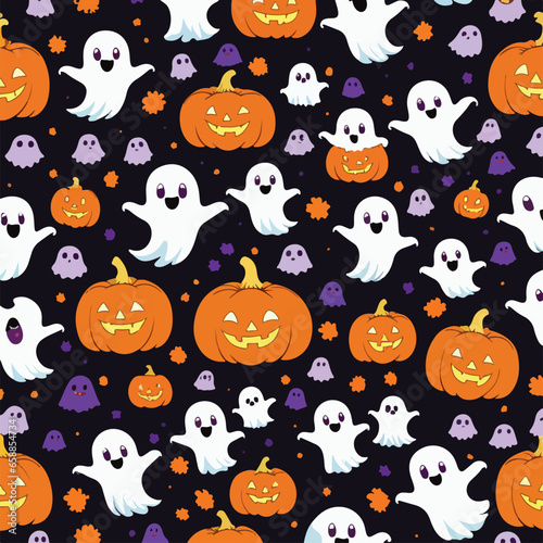 Cute halloween ghosts and pumpkins repeating pattern in vestor illustration. Pumpkin Patch Poltergeists
