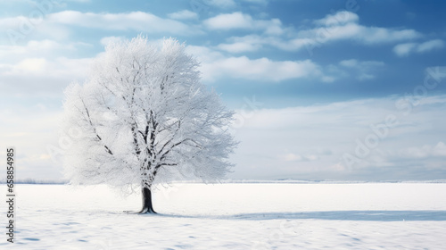 Beautiful winter landscape with a lonely snow-covered tree. AI generated. © Oulailux