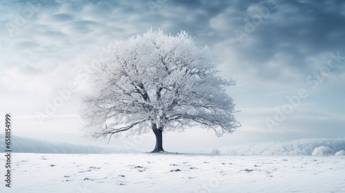 Beautiful winter landscape with a lonely snow-covered tree. AI generated.