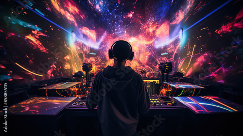 Futuristic Virtual DJ Show on a Digital Abstract Stage with Mesmerizing Glow Lights Creating a Spectacular Visual Experience
