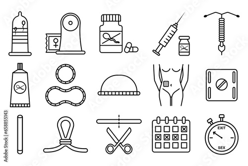 Set of different contraceptive methods on white background