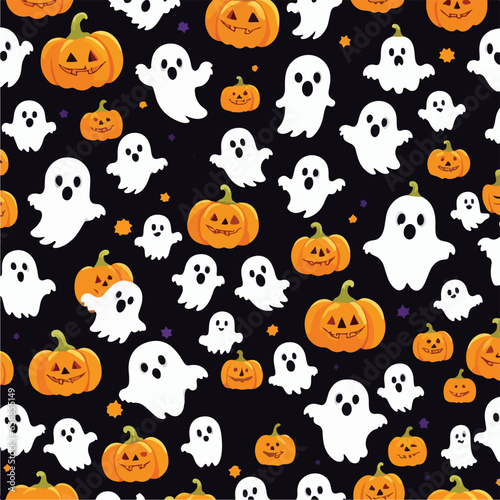 Cute halloween ghosts and pumpkins repeating pattern in vestor illustration. Ghosts Among the Gourds