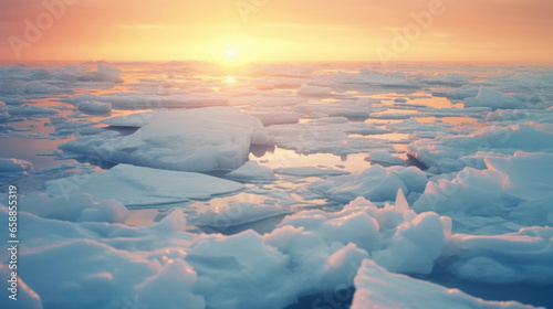 Winter background with beautiful ice floes in a harsh winter landscape with sunset lighting. AI generated. © Oulailux