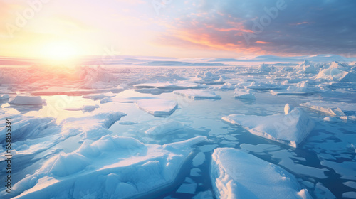 Winter background with beautiful ice floes in a harsh winter landscape with sunset lighting. AI generated.