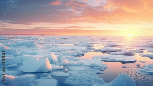 Winter background with beautiful ice floes in a harsh winter landscape with sunset lighting. AI generated. © Oulailux