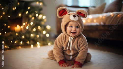 クリスマスツリーとソファーの前で、楽しそうなかわいい笑顔でトナカイの着ぐるみをきている赤ちゃんの写真