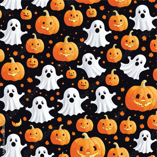 Cute halloween ghosts and pumpkins repeating pattern in vestor illustration. Ghostly Halloween Delights