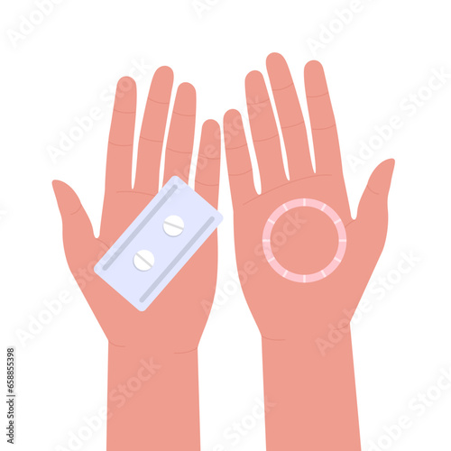 Female hands with contraceptive pills and vaginal ring on white background
