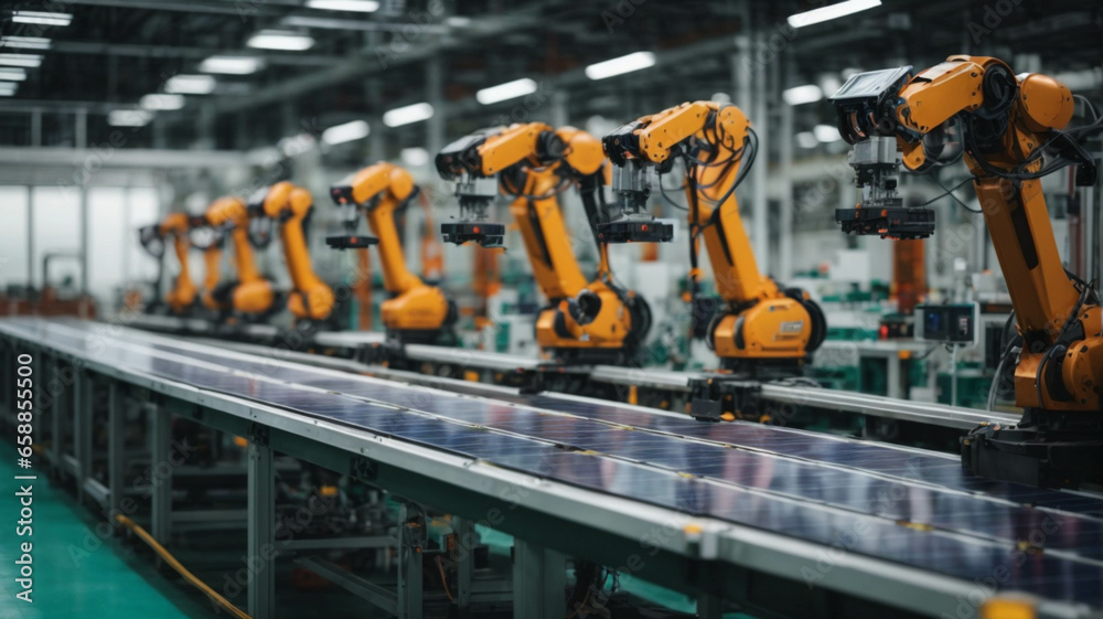 Solar panel production process in a bright modern automated factory, taking of solar panels on the assembly line during the manufacturing process
