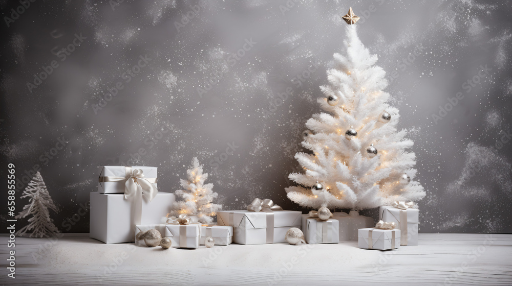 白い大きいおしゃれなクリスマスツリーの下にたくさんの白いギフトボックス