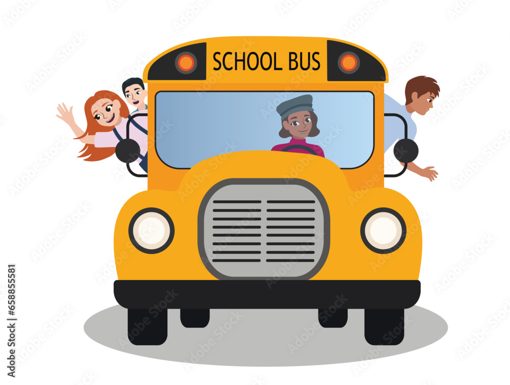 School bus with students on white background