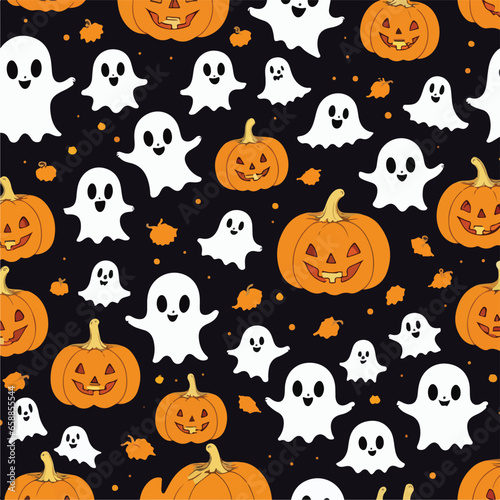 Cute halloween ghosts and pumpkins repeating pattern in vestor illustration. Ghostly Pumpkin Carving