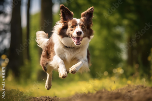 Adult brown white border collie run very fast on the green grass 