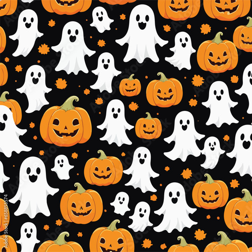 Cute halloween ghosts and pumpkins repeating pattern in vestor illustration. Pumpkin Poltergeists