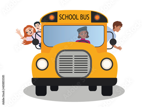 School bus with students on white background