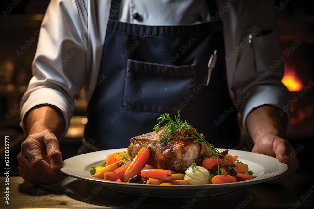 A renowned French chef's hand, adorned in a traditional chef's coat and toque, carefully plates a classic Coq au Vin dish with precision in a professional kitchen.