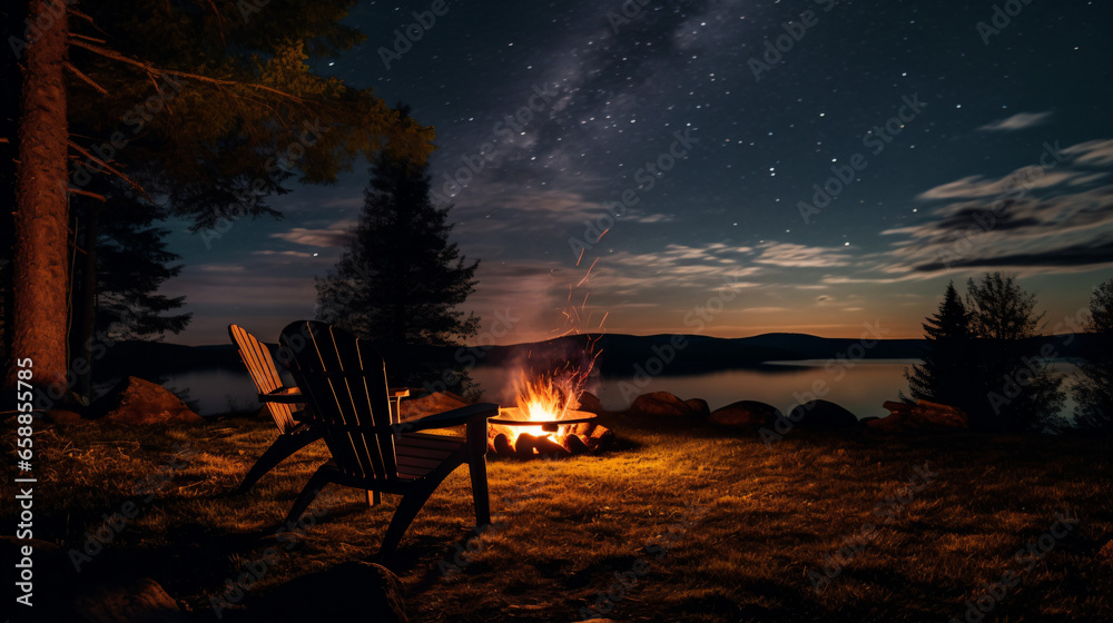 夜の湖畔で椅子と焚き火でリラックス空間