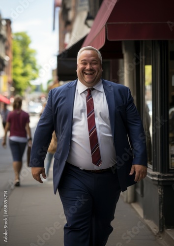 A happy businessman walking down the street wearing a suit and tie. Generative AI. 