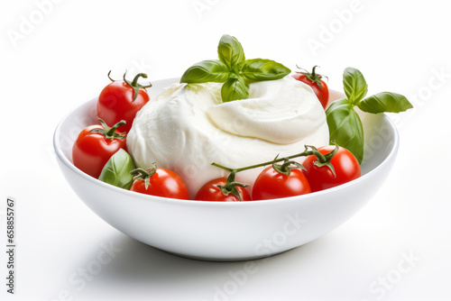 Italian burrata cheese with cherry tomatoes and basil. Salad. Healthy eating. Vegetarian food