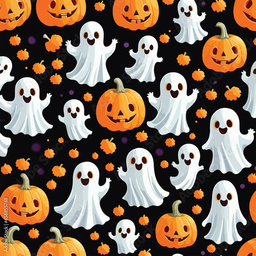 Cute halloween ghosts and pumpkins repeating pattern in vestor illustration. Ghostly Jack-o'-Lanterns