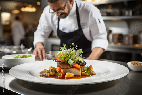 A renowned French chef's hand, adorned in a traditional chef's coat and toque, carefully plates a classic Coq au Vin dish with precision in a professional kitchen.