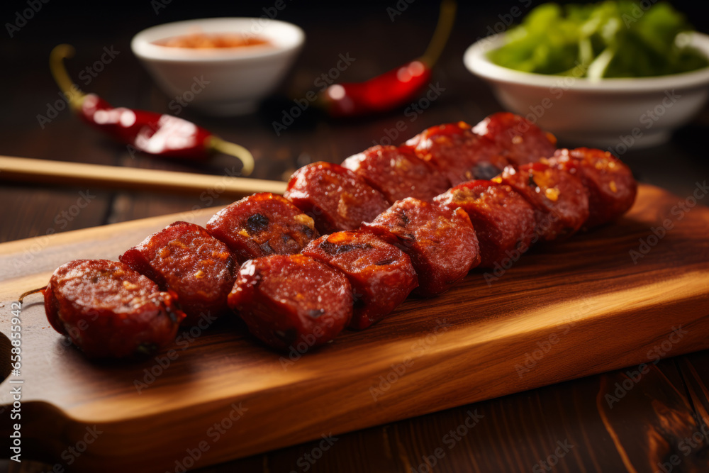 Chorizo on wooden background