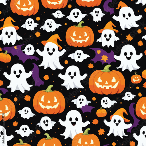 Cute halloween ghosts and pumpkins repeating pattern in vestor illustration. Pumpkin Party with Ghosts © jmgdigital