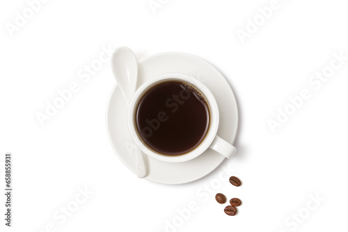 Black coffee and coffee beans on white background