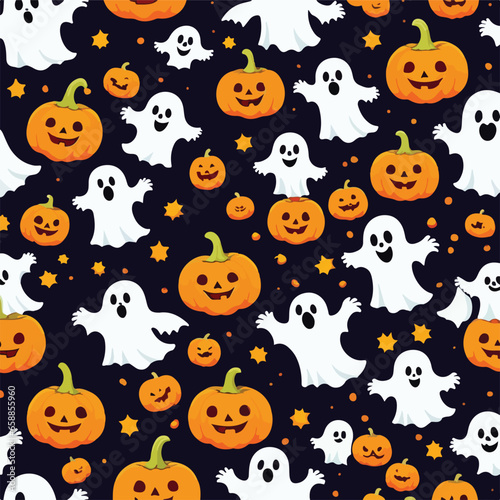 Cute halloween ghosts and pumpkins repeating pattern in vestor illustration. Ghostly Halloween Harvest