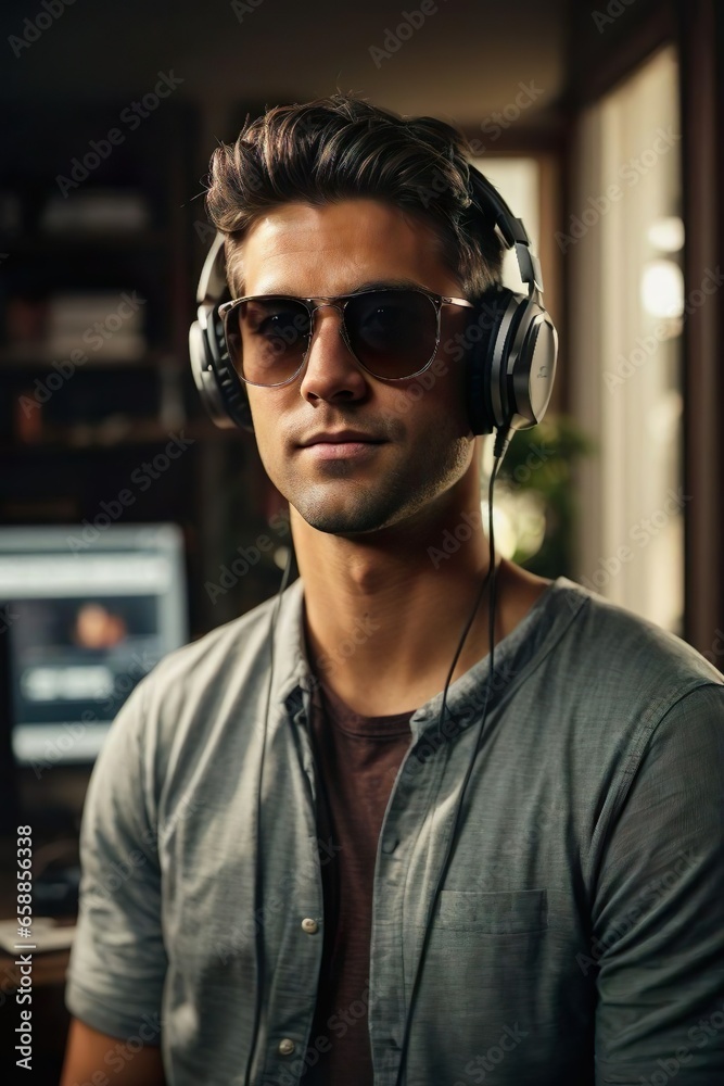 An american 30 year old tech guy wearing headphones and sunglasses. On the background it's his home office An american 30 year old tech guy wearing headphones and sunglasses. On the background it's his home office