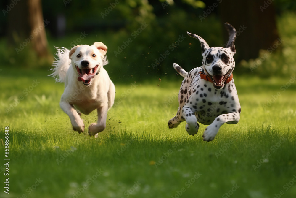 A couple of purebred dogs running in the summer through the green valley A couple of purebred dogs running in the summer through the green valley