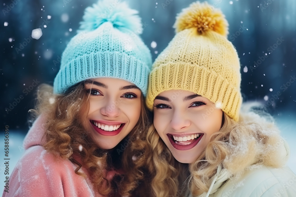 Cute positive portrait of best friends in winter hats take a selfie. Cute positive portrait of best friends in winter hats take a selfie.