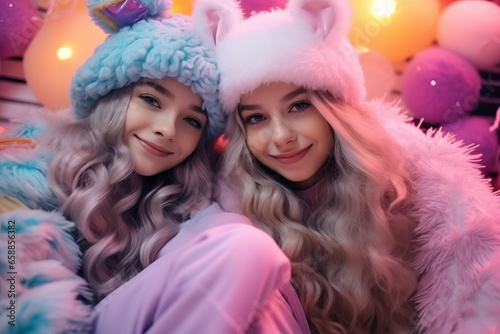 Cute positive portrait of best friends in winter hats take a selfie. 