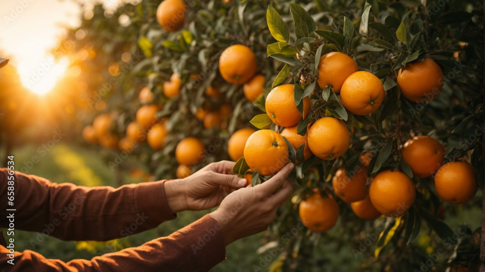 Unrecognizable hands of a person harvesting oranges. Concept of sustainable living and circular economy Unrecognizable hands of a person harvesting oranges. Concept of sustainable living and circular economy